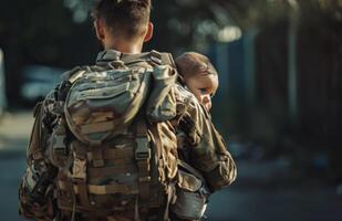 ai gerado militares homem e dele bebê dentro militares uniforme caminhando em a estrada foto