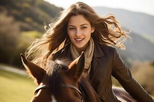 ai gerado lindo jovem menina desfrutando uma cavalo passeio com amplo cópia de espaço para texto e promocional mensagens foto