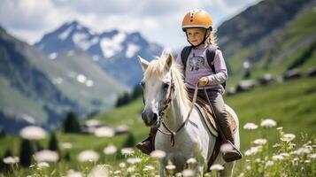 ai gerado crianças a cavalo equitação dentro a deslumbrante Alpes com cópia de espaço, ao ar livre aventura para crianças foto