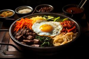 ai gerado delicioso sul coreano bibimbap. misturado arroz prato com salgado carne e sortido legumes foto