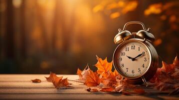 ai gerado luz do dia salvando tempo. alarme relógio e laranja folhas em de madeira mesa. outono outono mudança foto