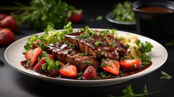 ai gerado fresco e apetitoso morango clássico bife e cerveja torta em cozinha fundo foto