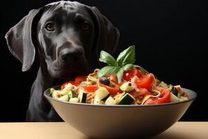 ai gerado adorável cachorro encarando às prato preenchidas com fresco legumes com em branco espaço para texto foto