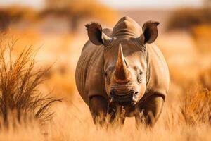 ai gerado gracioso Preto rinoceronte recortado contra a deslumbrante africano savana pôr do sol foto