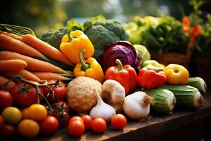 ai gerado seleção do orgânico fresco legumes para saudável cozinhando e equilibrado nutrição a partir de local Fazenda foto