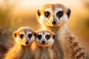 ai gerado cativante imagem do uma meerkat família explorando a exuberante e vibrante africano safári panorama foto