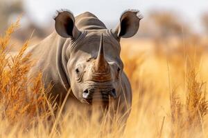 ai gerado majestoso Preto rinoceronte pastar dentro a grande africano savana, cativante cópia de espaço foto