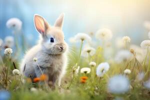 ai gerado adorável pequeno Coelho relaxante dentro uma campo do verão flores com amplo espaço para texto. Páscoa foto