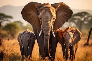 ai gerado elefante família dentro africano savana cercado de deslumbrante vegetação e animais selvagens foto