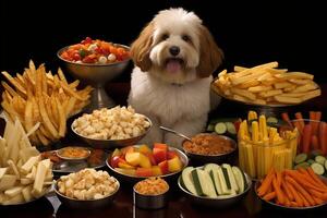 ai gerado adorável cachorro sentado entre uma diverso seleção do delicioso alimentos e guloseimas foto