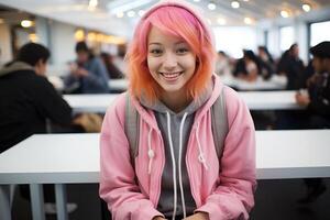 ai gerado feliz estudante com à moda Rosa cabelo, exalando alegria e positividade às dela escola foto