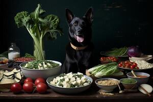 ai gerado adorável cachorro sentado de uma colorida tigela preenchidas com uma variedade do apetitoso alimentos foto