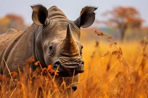 ai gerado magnífico Preto rinoceronte graciosamente roaming grande africano savana com abundante cópia de espaço foto