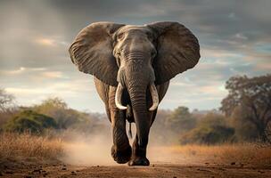ai gerado solteiro elefante caminhando para a Câmera dentro nuvem do poeira foto