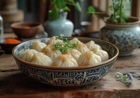 ai gerado cozido no vapor dumplings estão popular chinês prato foto