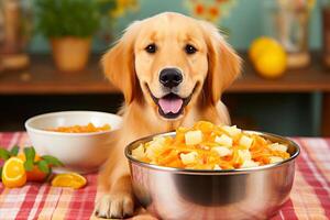 ai gerado adorável labrador retriever cachorro Próximo para uma tigela do delicioso sortido Comida - perfeito para animal amantes. foto