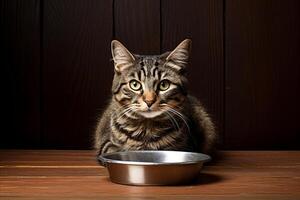 ai gerado adorável felino ansiosamente olhares fixos às a Câmera ao lado a esvaziar Comida tigela, aguardando uma refeição foto