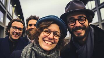 ai gerado diverso grupo do amigos levando selfie em borrado branco fundo com cópia de espaço para texto foto