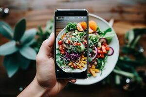 ai gerado mãos segurando Smartphone capturando apetitoso pratos com profissional fotografia foto