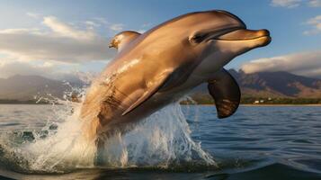 ai gerado golfinho pulando Fora do água, majestoso marinho mamífero dentro dramático salto, aquático animais selvagens fotografia foto