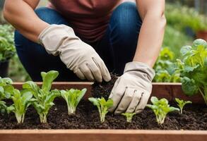 ai gerado mãos estão mostrando plantio mudas dentro uma jardim cama, simbolizando Cuidado cultivo e a começando do crescimento. foto