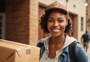 ai gerado uma mulher sorrisos segurando uma cartão caixa, em pé em uma cidade rua. a urbano fundo sugere uma Novo residência ou escritório mover. foto