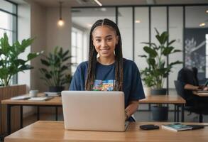 ai gerado uma mulher com trançado cabelo é usando uma computador portátil dentro a escritório. ela parece conteúdo e profissional. foto