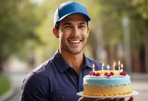 ai gerado uma Entrega homem detém uma aniversário bolo com velas, oferta uma especial Entrega para uma comemorativo ocasião. foto