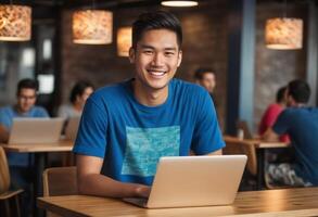 ai gerado uma alegre homem dentro uma azul camiseta trabalho em dele computador portátil dentro uma cafeteria. dele relaxado postura e amigáveis comportamento mostruário uma confortável controlo remoto trabalhos contexto. foto