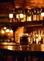 ai gerado caneca do Cerveja em uma de madeira mesa dentro uma bar ou bar. ai generativo foto
