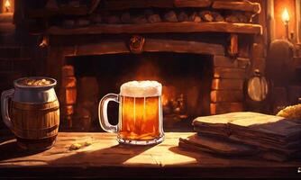 ai gerado caneca do Cerveja em uma de madeira mesa dentro uma bar ou bar. ai generativo foto