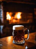 ai gerado caneca do Cerveja em uma de madeira mesa dentro uma bar ou bar. ai generativo foto