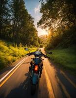 ai gerado motociclista equitação uma motocicleta em uma país estrada às pôr do sol. ai generativo foto