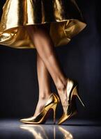 ai gerado pernas do uma mulher dentro dourado salto alto sapato. ai generativo foto