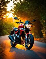 ai gerado motociclista equitação uma motocicleta em uma país estrada às pôr do sol. ai generativo foto