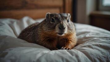 marmota espreitadelas Fora do cama dentro uma cobertor, marmota dia. foto