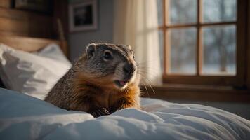 marmota espreitadelas Fora do cama dentro uma cobertor, marmota dia. foto