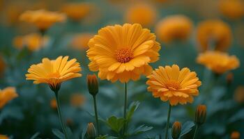 ai gerado calêndula flor campo dentro pôr do sol. laranja calêndula flor campo florescendo durante a verão. calêndula flores dentro nascer do sol. laranja flores fechar-se foto