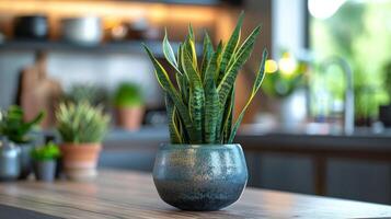 ai gerado em vaso plantar em de madeira mesa foto