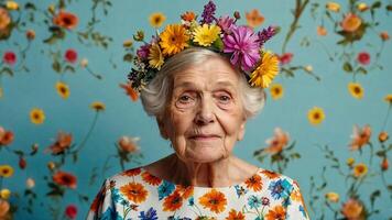 ai gerado idosos mulheres com uma flor coroa foto