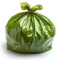 ai gerado verde plástico Lixo saco isolado em branco fundo com sombra. verde Lixo saco isolado. Lixo saco para biodegradável materiais foto