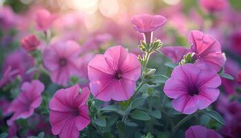 ai gerado petúnia flores dentro uma jardim. Rosa e roxa flores florescendo durante verão Tempo dentro natureza. petúnia flor foto