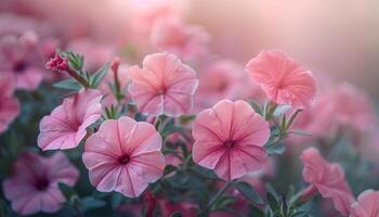 ai gerado petúnia flores dentro uma jardim. Rosa e roxa flores florescendo durante verão Tempo dentro natureza. petúnia flor foto