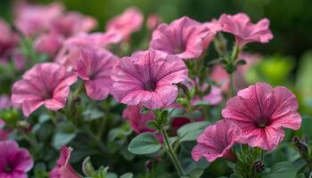 ai gerado petúnia flores dentro uma jardim. Rosa e roxa flores florescendo durante verão Tempo dentro natureza. petúnia flor foto