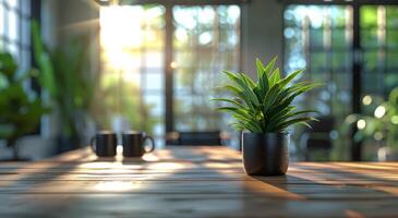 ai gerado de madeira mesa com em vaso plantas de janela foto