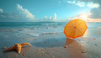 ai gerado sombrinha em a de praia durante horário de verão. sombrinha para sombra proteção em uma ensolarado de praia dentro uma tropical destino com ondas falhando a de praia. tropical destino foto