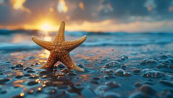 ai gerado estrelas do mar em a de praia. estrelas do mar em a areia fechar-se. fechar-se do uma mar Estrela em uma arenoso de praia dentro tropical localização foto