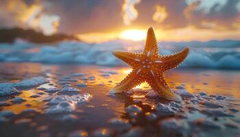 ai gerado estrelas do mar em a de praia. estrelas do mar em a areia fechar-se. fechar-se do uma mar Estrela em uma arenoso de praia dentro tropical localização foto