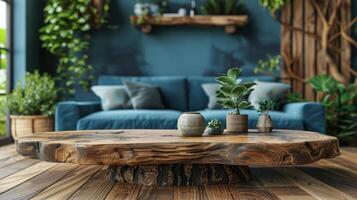 ai gerado uma vivo quarto com uma azul sofá e uma de madeira mesa foto