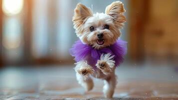 ai gerado pequeno branco cachorro vestindo Rosa tutu foto